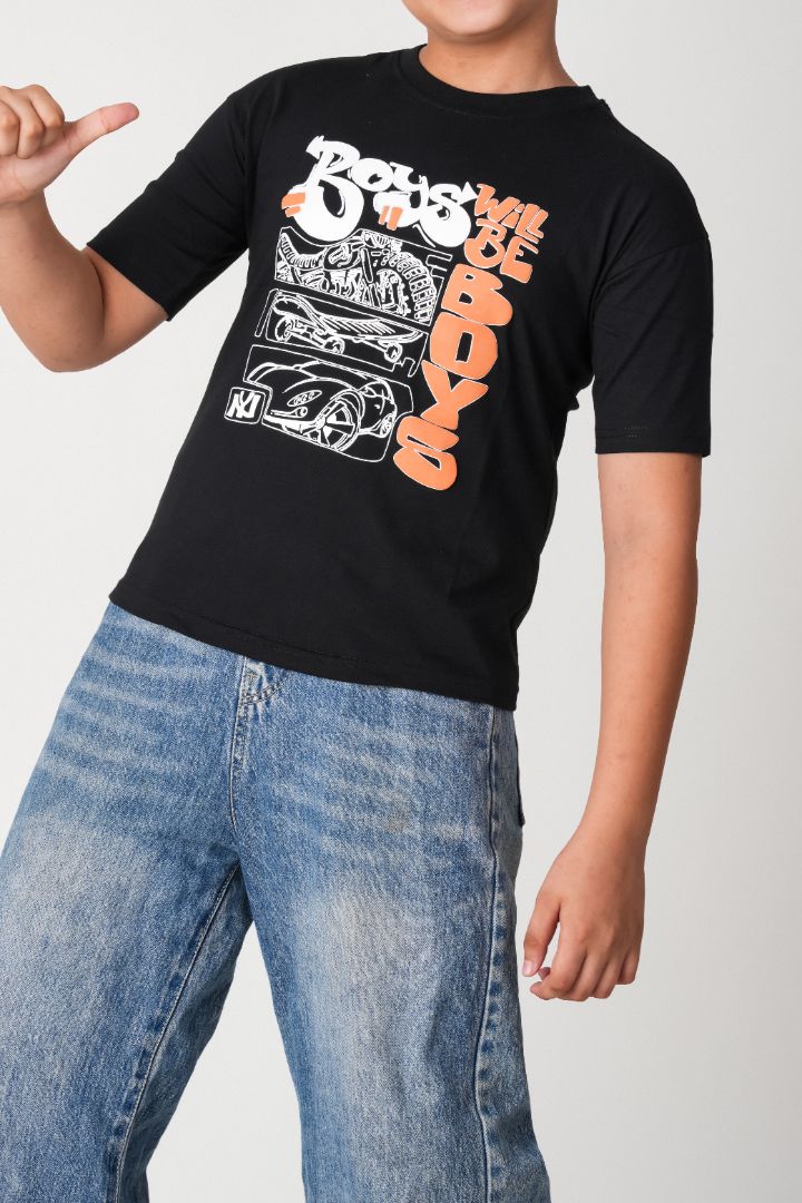 Boys Black "Boys Will Be Boys" Graphic Cotton T-Shirt