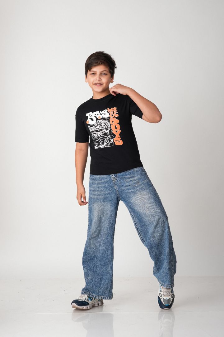 Boys Black "Boys Will Be Boys" Graphic Cotton T-Shirt