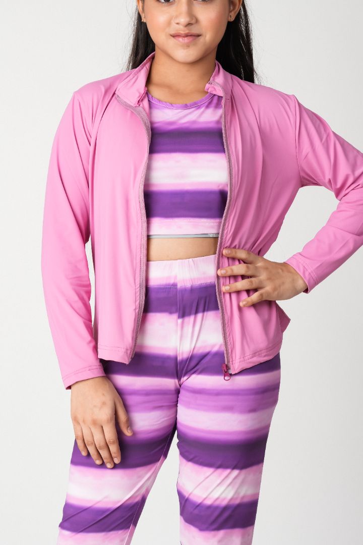 ATHLZR Premium Girls 3-Piece Activewear Set – Zip-Up Jacket, Crop Top & Leggings | Nylon Spandex