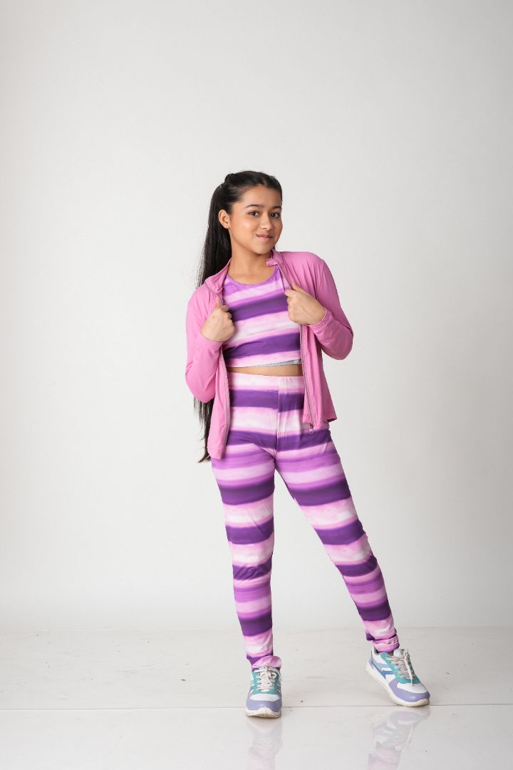 ATHLZR Premium Girls 3-Piece Activewear Set – Zip-Up Jacket, Crop Top & Leggings | Nylon Spandex