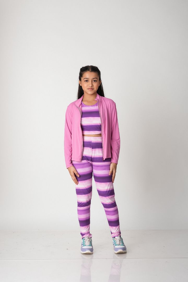 ATHLZR Premium Girls 3-Piece Activewear Set – Zip-Up Jacket, Crop Top & Leggings | Nylon Spandex
