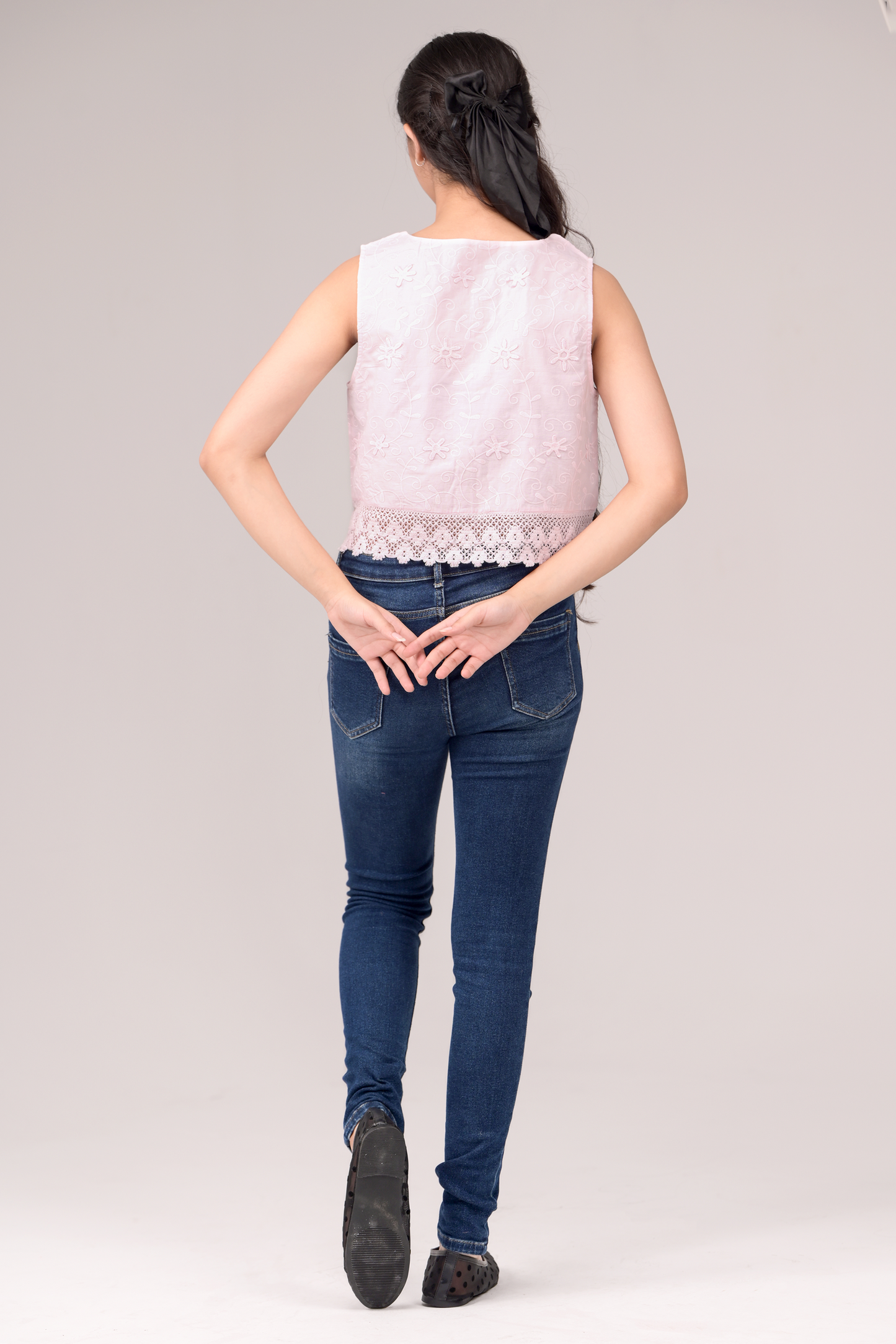 Top with embroidered fabric and finished with fine edge lace