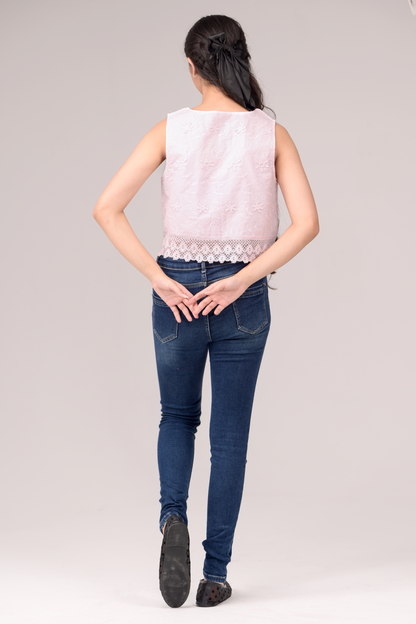 Top with embroidered fabric and finished with fine edge lace