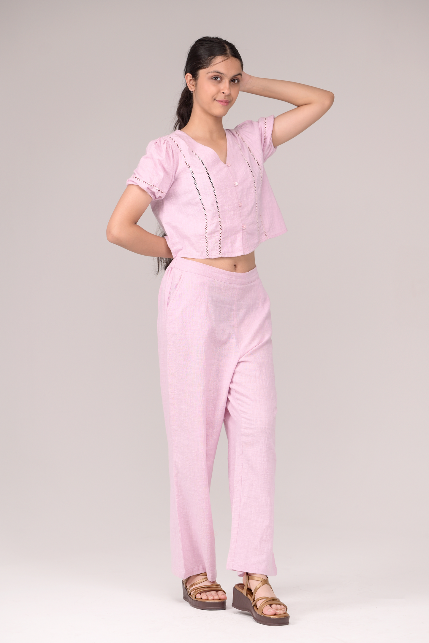 V‑neck top matched with snug waistband bottoms