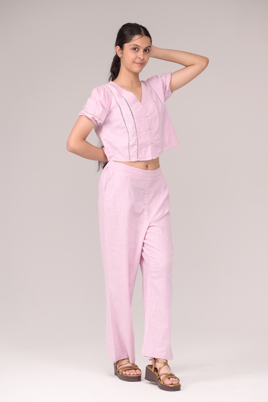 V‑neck top matched with snug waistband bottoms