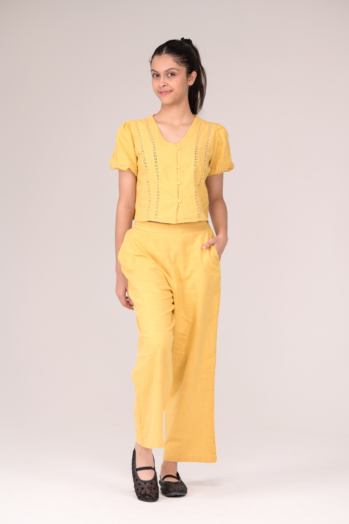 V‑neck top matched with snug waistband bottoms
