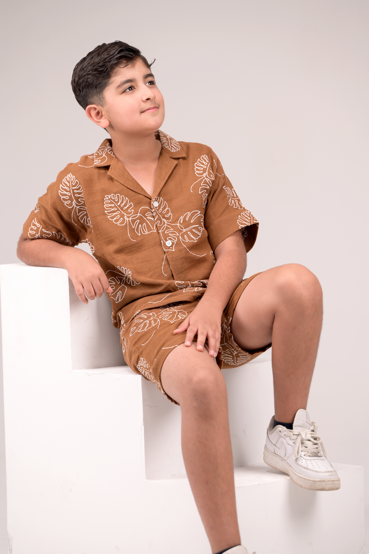 All-Over Leaf Pattern Embroidered Co-ord Set For Boys