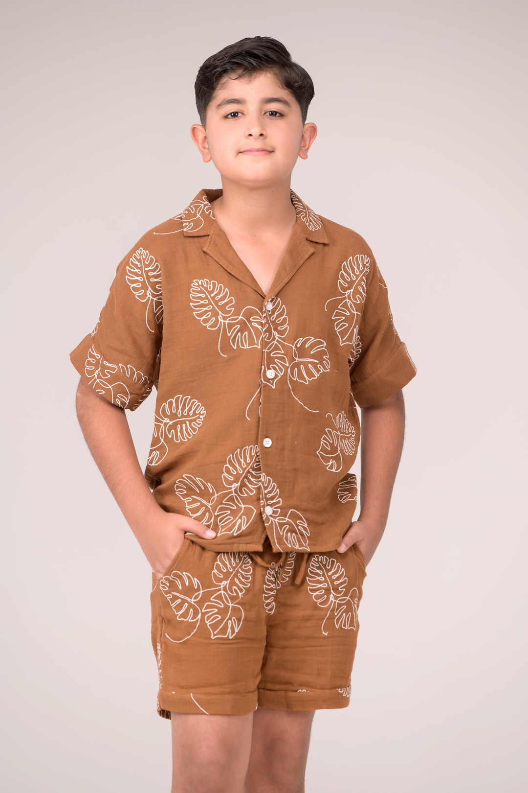 All-Over Leaf Pattern Embroidered Co-ord Set For Boys