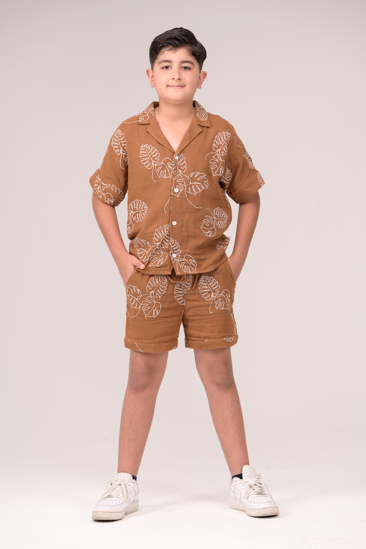 All-Over Leaf Pattern Embroidered Co-ord Set For Boys
