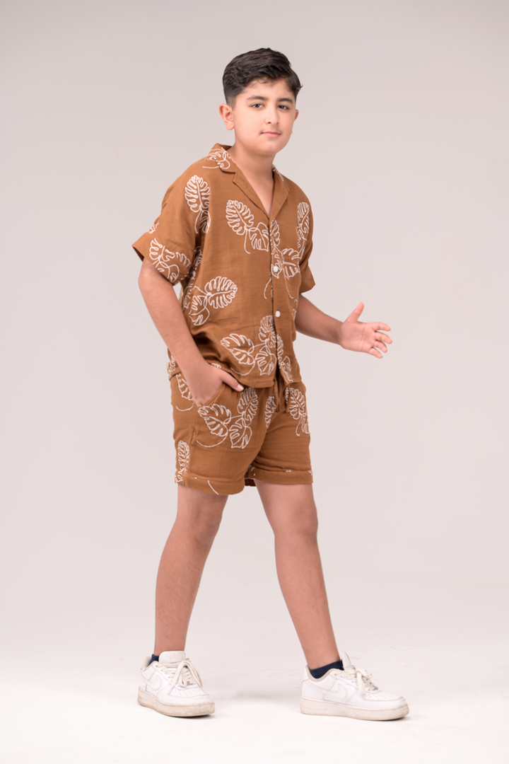 All-Over Leaf Pattern Embroidered Co-ord Set For Boys